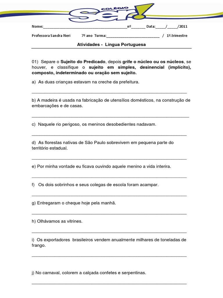 Exercícios Sujeito e Predicado | PDF | Assunto (gramática) | Sintaxe