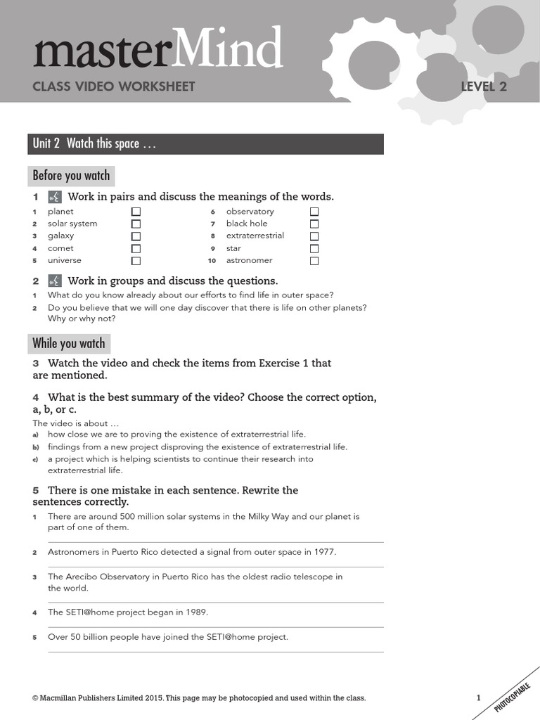 MasterMind 2 Unit 2 Class Video Worksheet | PDF | Search For ...