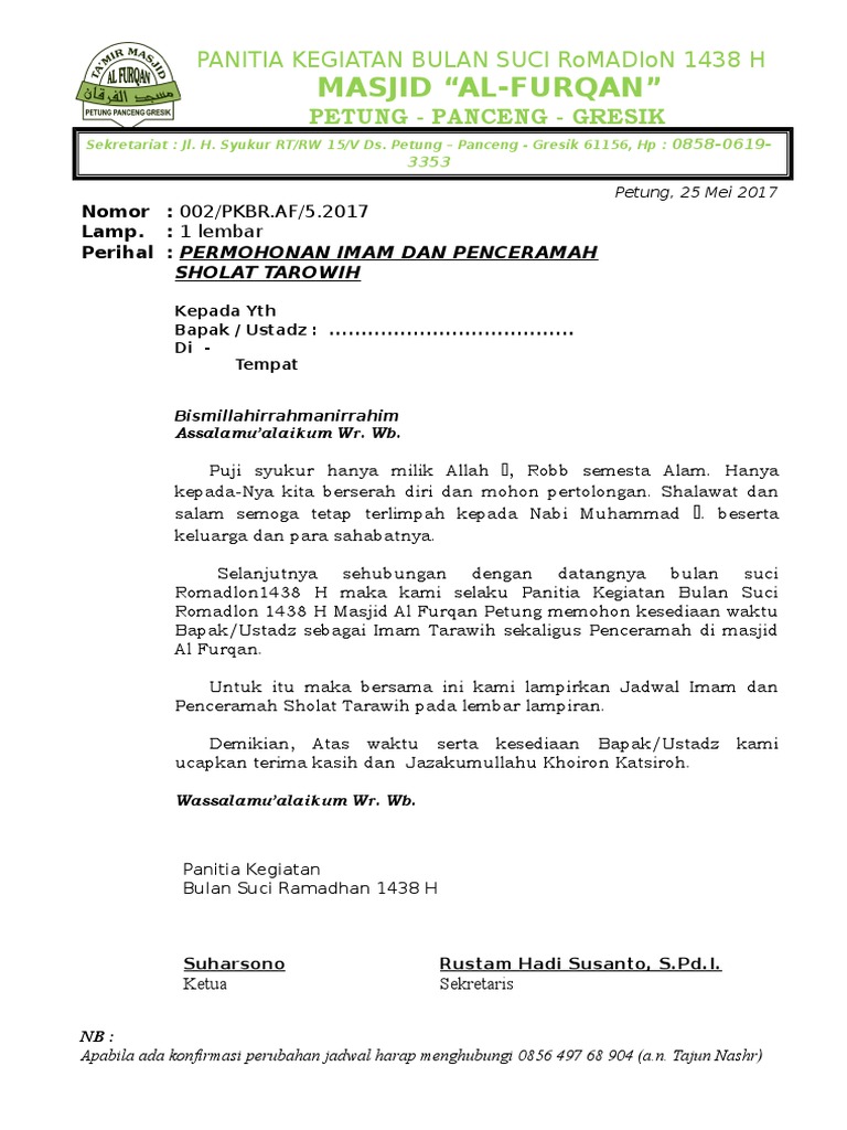 Surat Permohonan Imam Dan Penceramah 1438 H Pdf