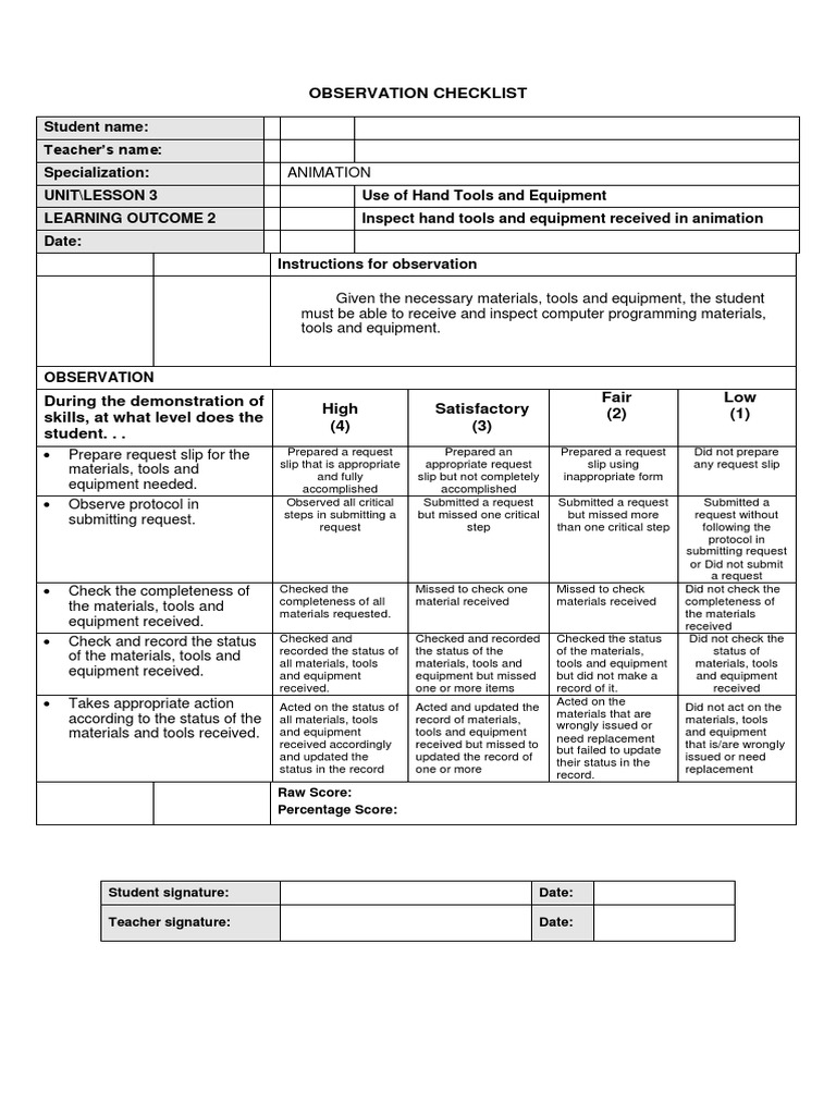 Animation Equipment Assessment Checklist | PDF | Cognition | Psychology