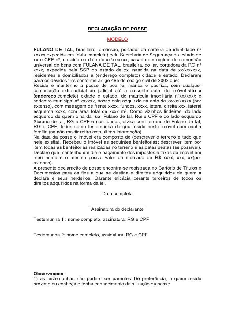Modelo Declaração De Posse
