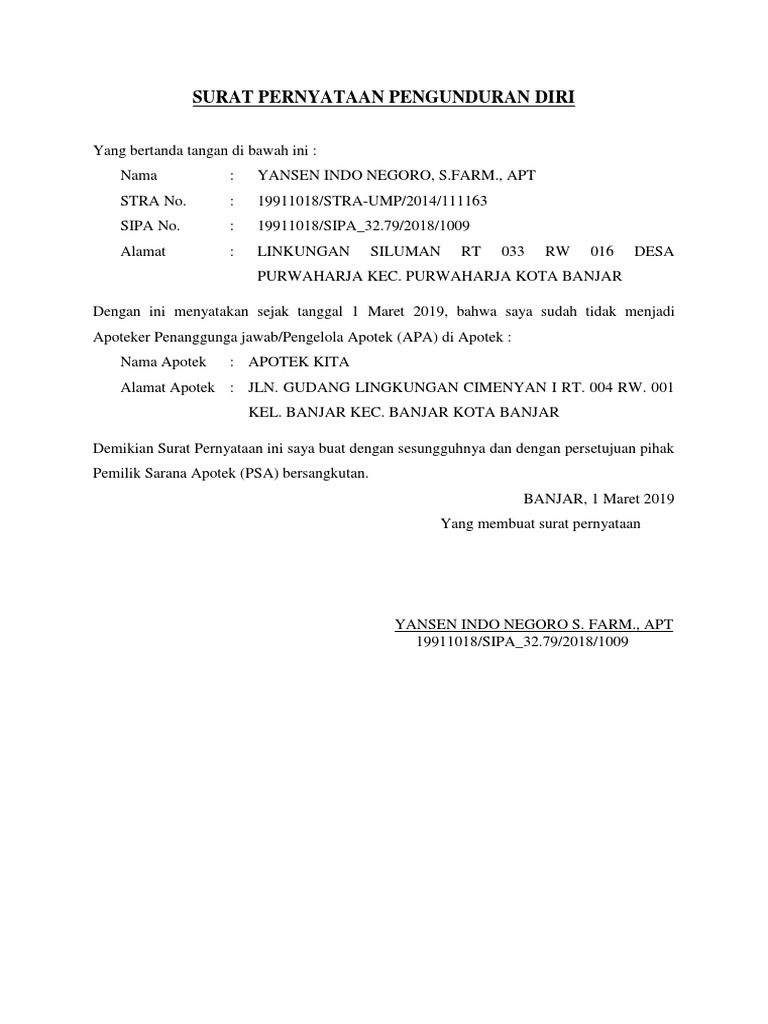 Surat Pernyataan Pengunduran Diri Untuk Apoteker