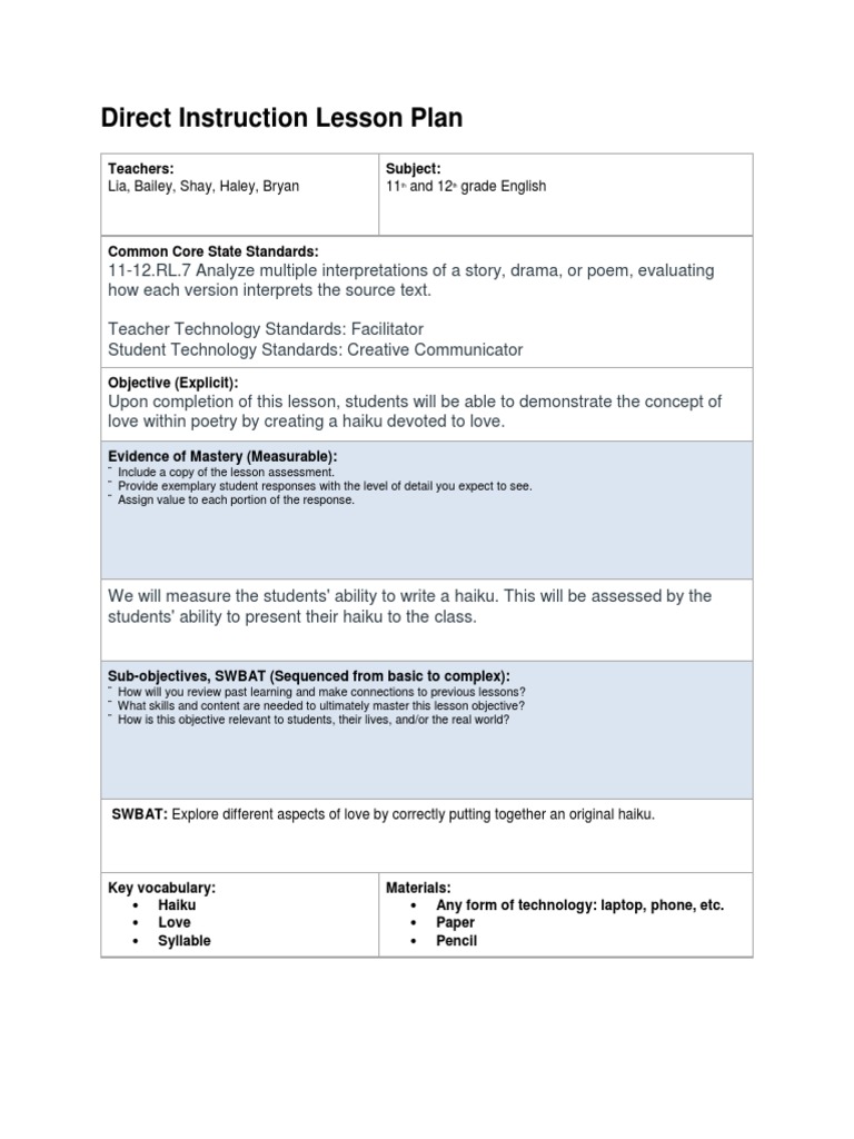 Direct Instruction Lesson Plan Group Teach | PDF | Question | Teachers