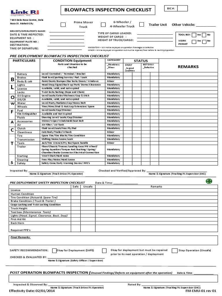 Pre Deployment Inspection Checklist | PDF | Truck | Trailer (Vehicle)