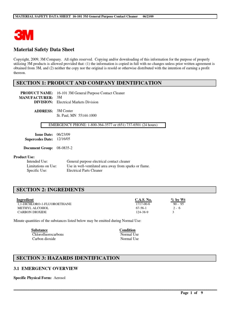 MATERIAL SAFETY DATA SHEET 16101 3M General Purpose Contact Cleaner PDF Hazardous Waste
