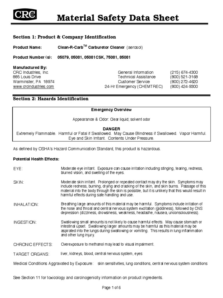 Clean-R-Carb Carburetor Cleaner MSDS | PDF | Firefighting | Superfund
