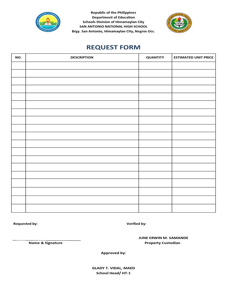 San Antonio National High School Request Form | PDF