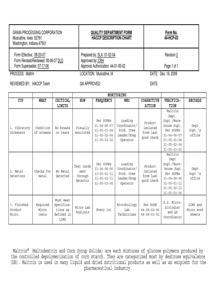 Pure Dent B700 Corn Starch HACCP PDF Hazard Analysis And Critical