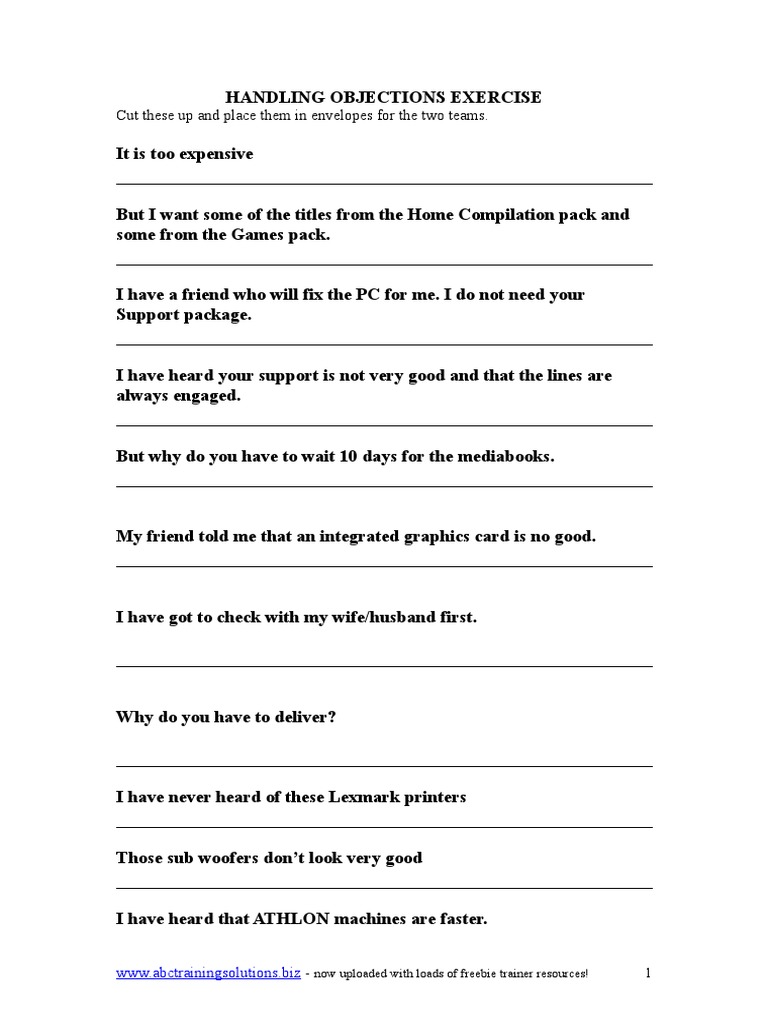 Objection Handling Exercise Guide | PDF | Personal Computers | Printer ...
