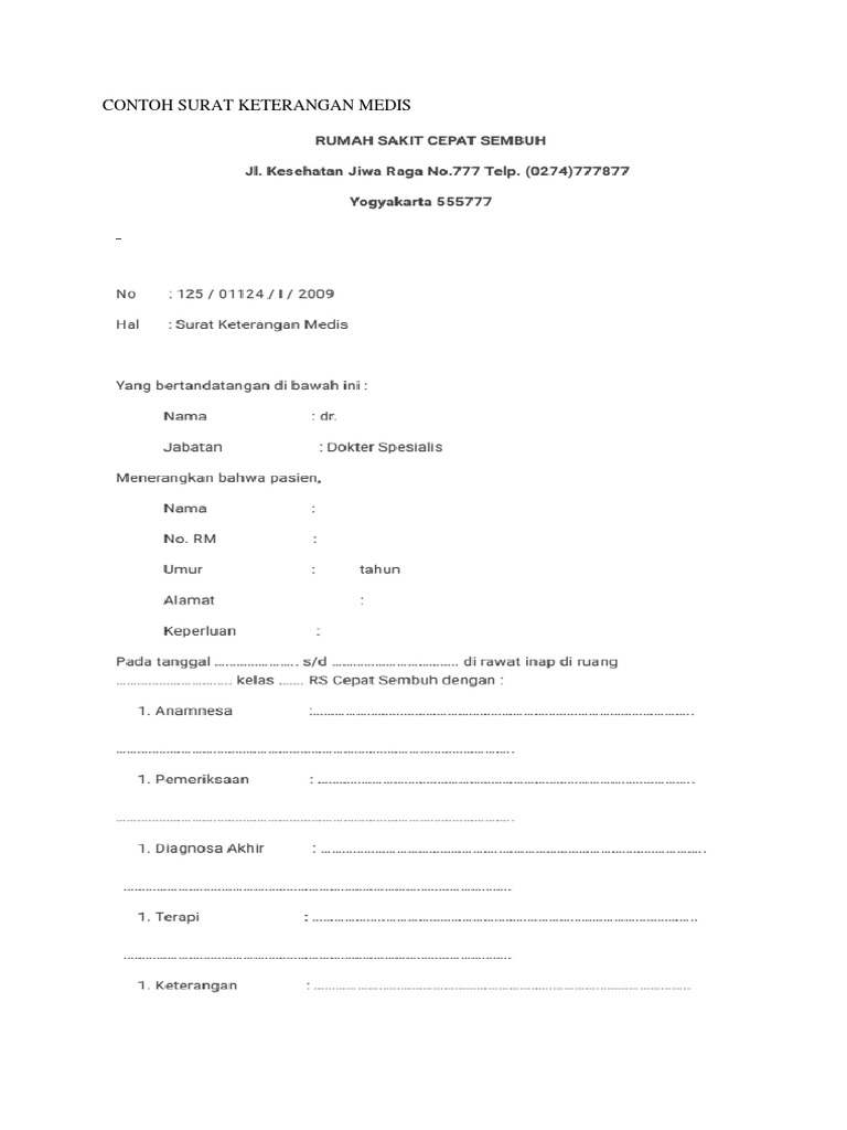 Contoh Surat Keterangan Medis Docx