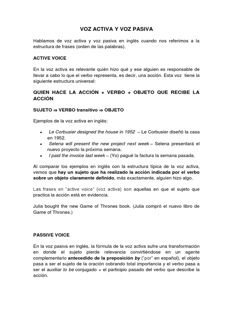 Estructura de voz activa y pasiva en inglés | PDF | Verbo | Asunto ...