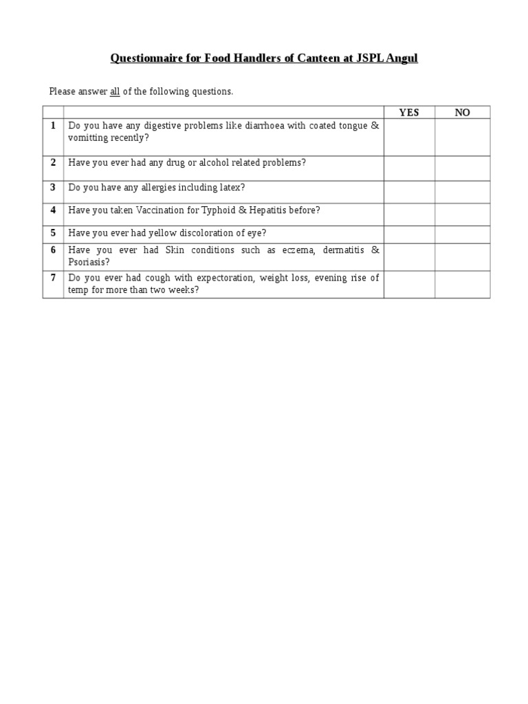 Canteen Questionnaire PDF Dermatitis Immunology