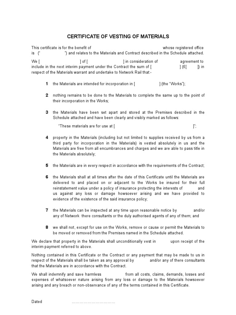 Vesting Certificate Indemnity