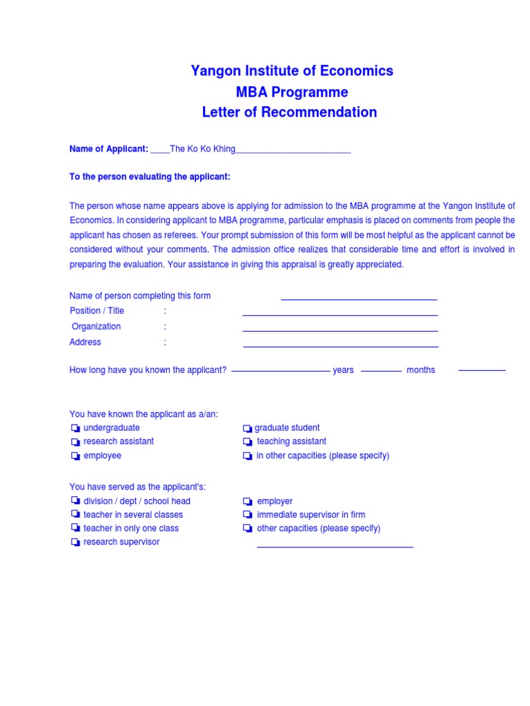 MBA Recommendation Letter Template | PDF | Graduate School | Master Of ...
