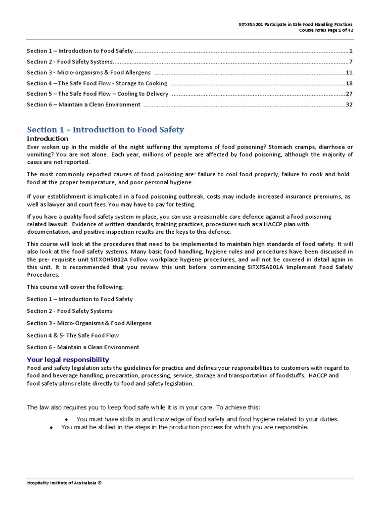 SITXFSA201 Participate in Safe Food Handling Practices | PDF | Food ...
