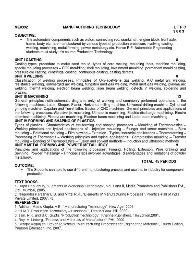 Manufacturing Technology Syllabus ME8392 | PDF | Machining | Welding