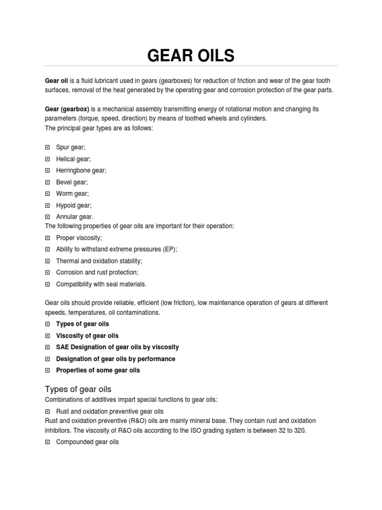 Gear Oils Gear Oil Is A Fluid Lubricant Used in Gears (Gearboxes) For Reduction of Friction and