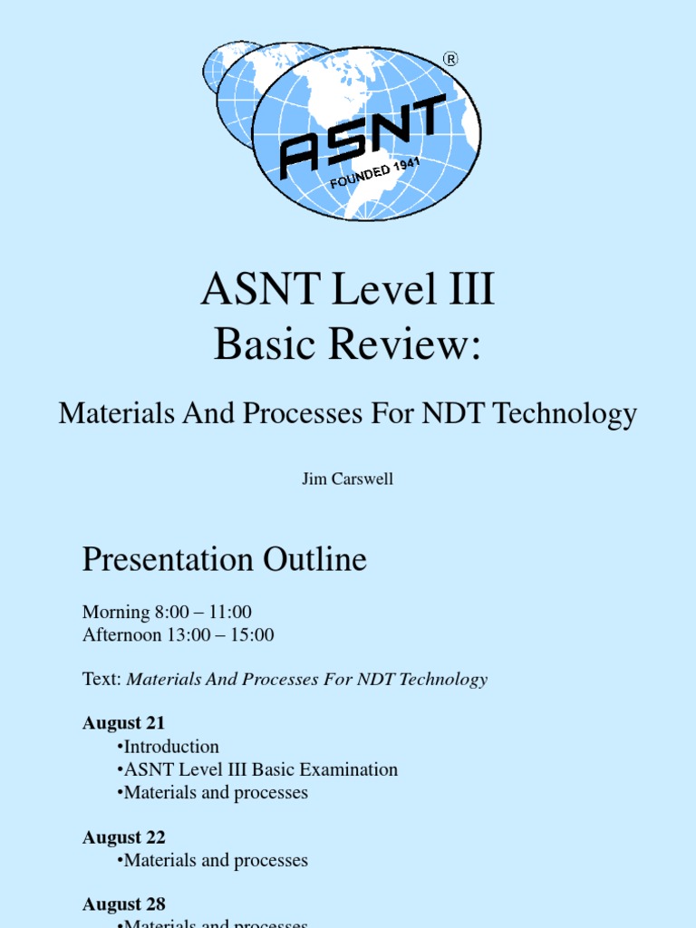 Asnt Level Iii Basic Review Materials and Processes For NDT