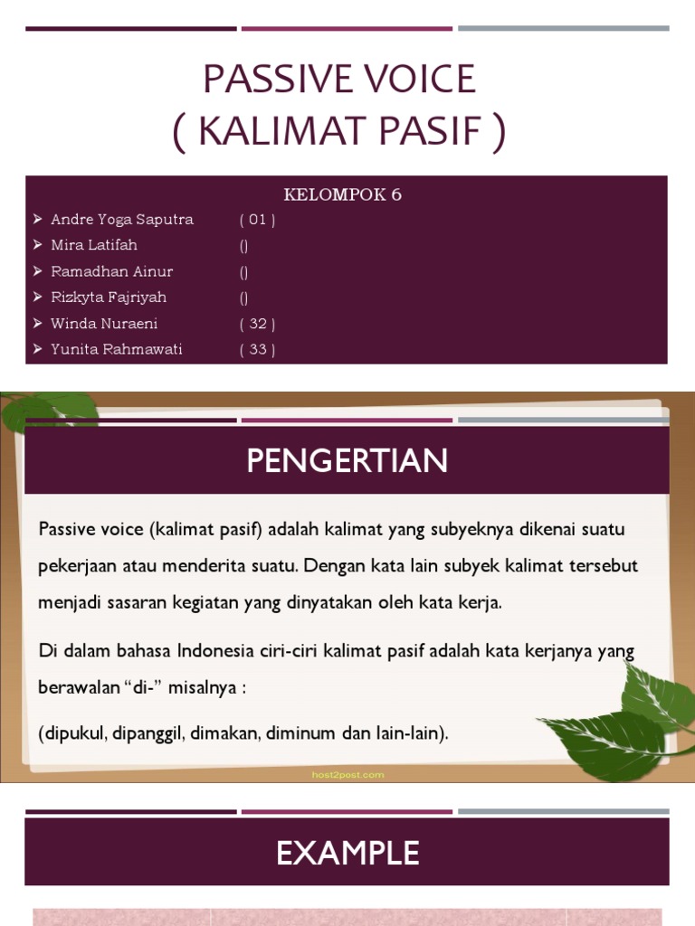 Ciri dan Contoh Kalimat Pasif | PDF | Seni & Disiplin Bahasa
