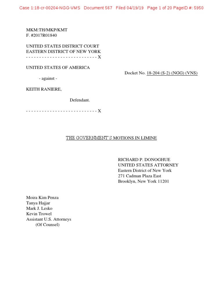 Nxivm Doc 567 Us Motion in Limine Discovery (Law) Prosecutor