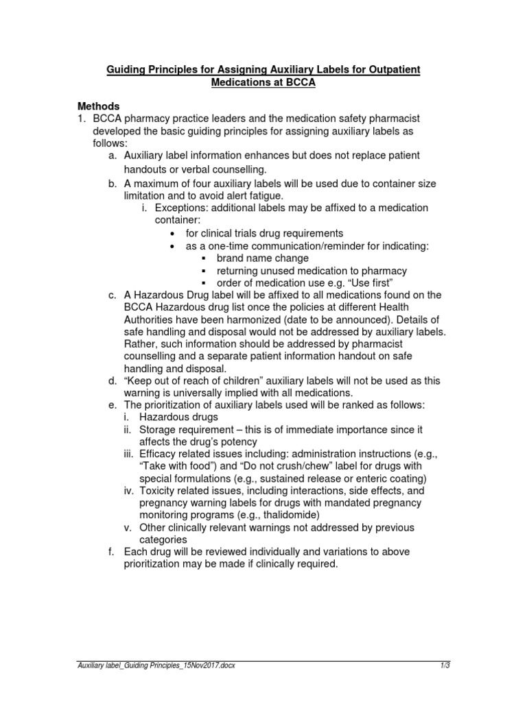 Auxiliary Label Guiding Principles PDF Pharmacy Pharmaceutical Sciences