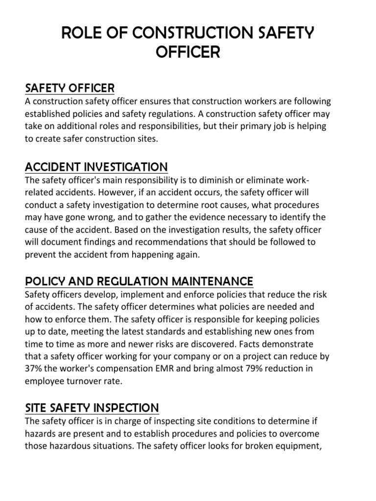 Roles and responsibilities of a safety officer in construction