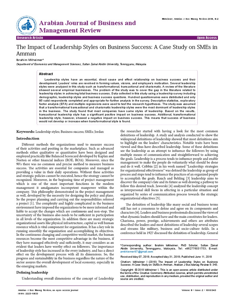 The Impact Of Leadership Styles On Business Success A Case Study On Smes Inamman 2223 53 Transformational Leadership Leadership