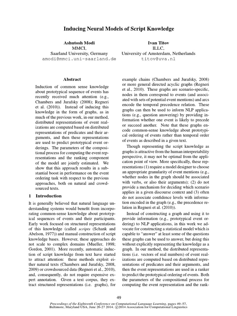 Inducing Neural Models of Script Knowledge | PDF | Semantics | Cognition