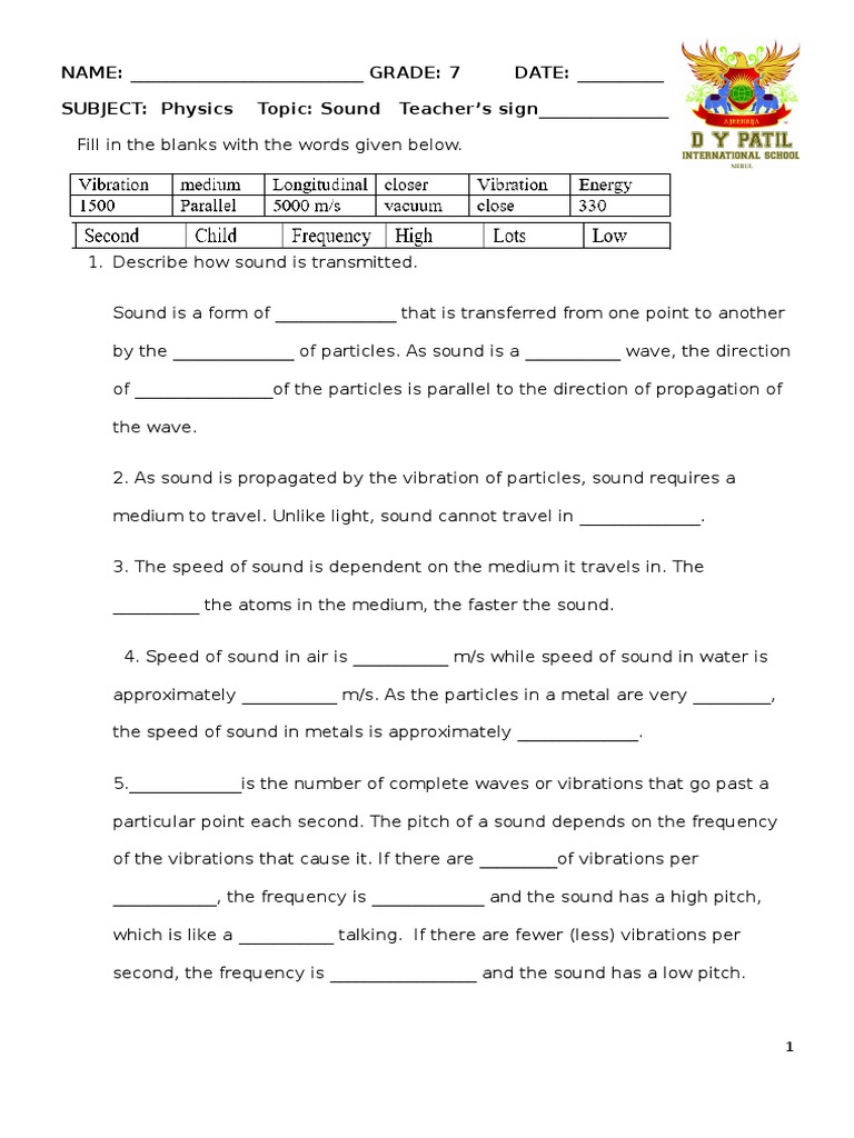 Sound Revision Worksheet | Sound | Waves