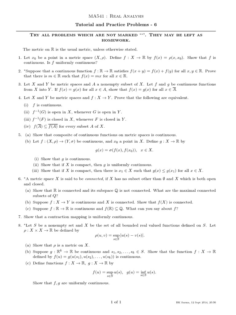 Real Analysis Tutorial: Metric Spaces | PDF | Metric Space | Continuous ...