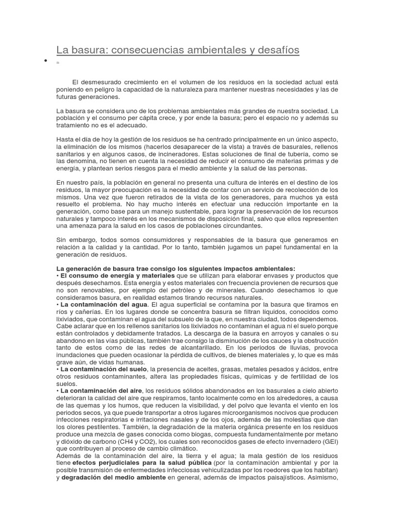 Impacto Ambiental de la Basura y Soluciones | PDF | Residuos ...