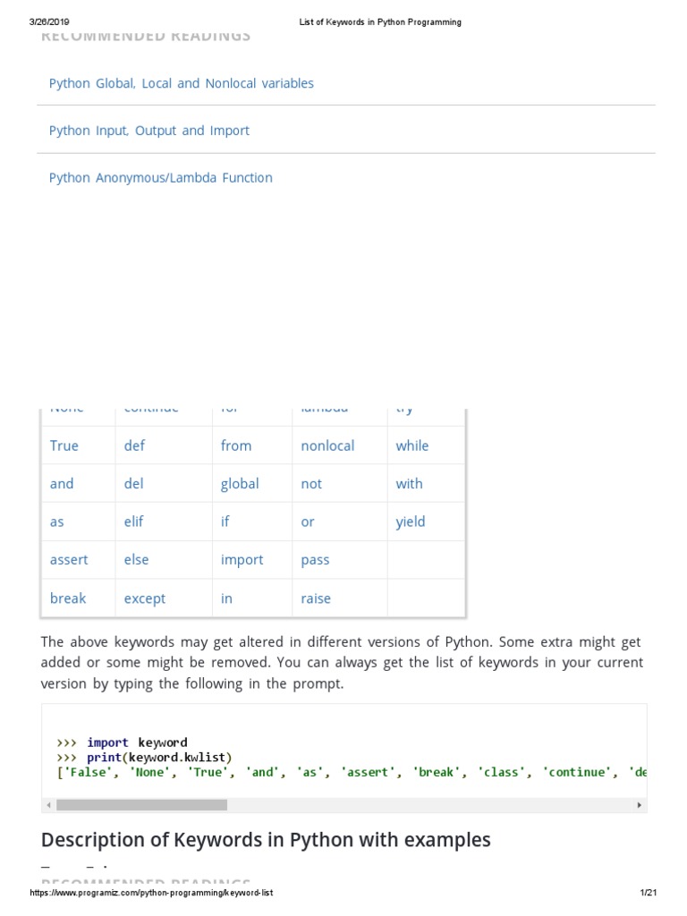 List of Keywords in Python Programming | Download Free PDF | Anonymous ...