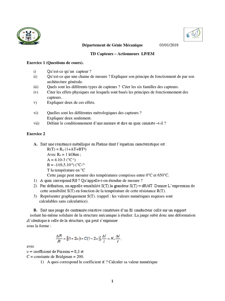 TD Capteurs et Actionneurs Mécaniques | PDF | Résistance (électricité ...