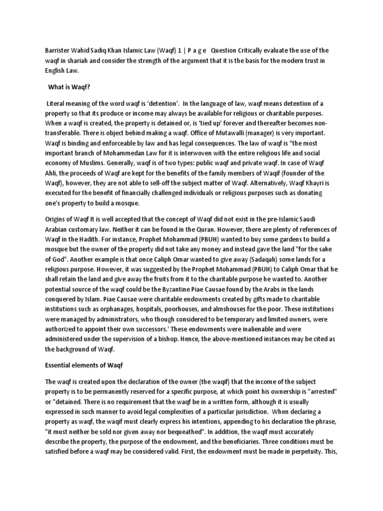 Waqf Eassy PDF Trust Law Seisin