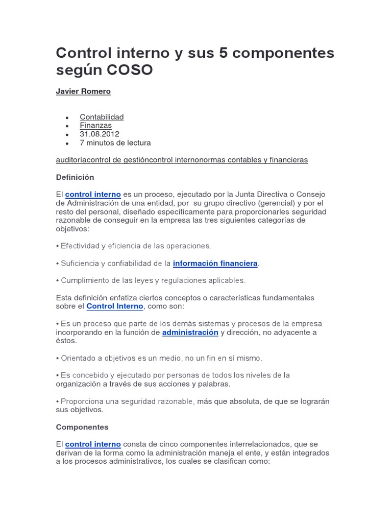 5 Componentes del Control Interno COSO | PDF | Planificación | Información