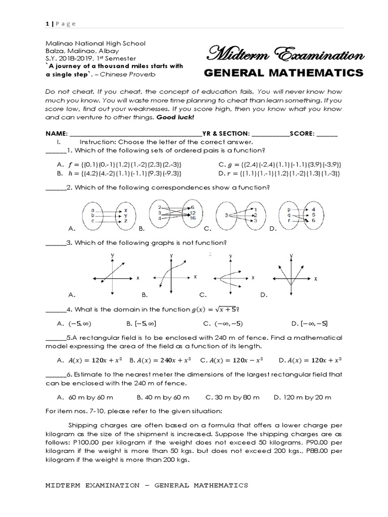 General Mathematics Midterm Exam 2018-2019 | PDF | Function ...