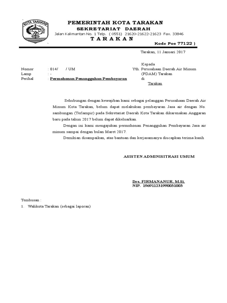 Surat Penangguhan Pembayaran Pdam 2017