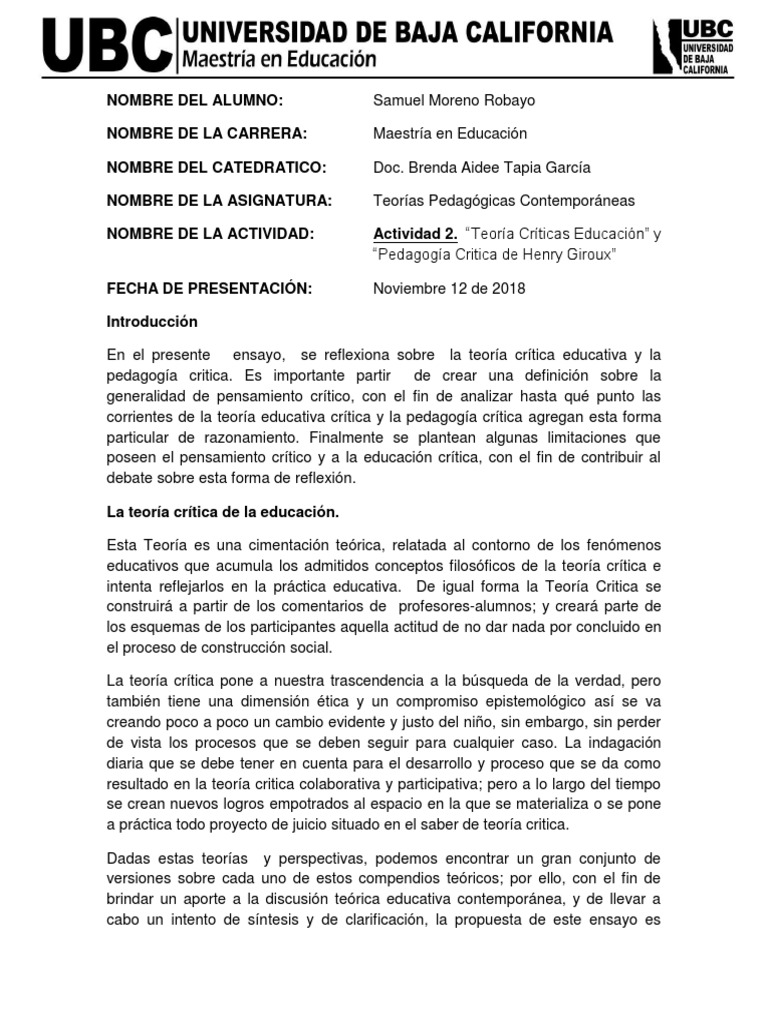 ACTIVIDAD 2. "Teoría Críticas Educación" y "Pedagogía Critica de Henry