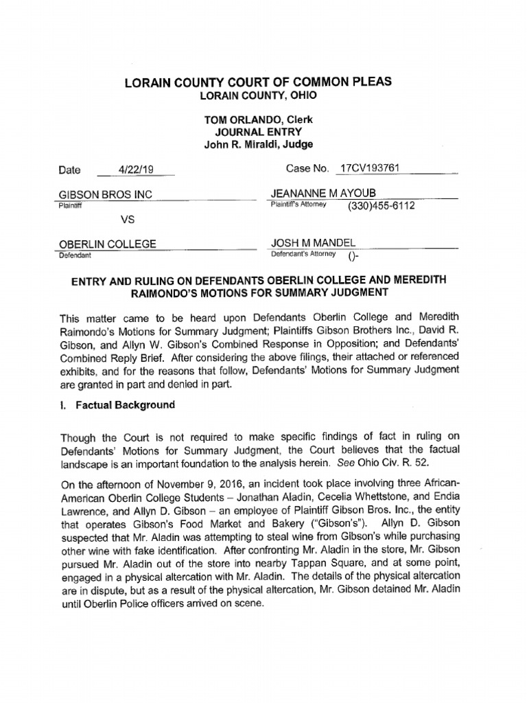 Gibson's Bakery v. Oberlin College Decision Denying Summary Judgment