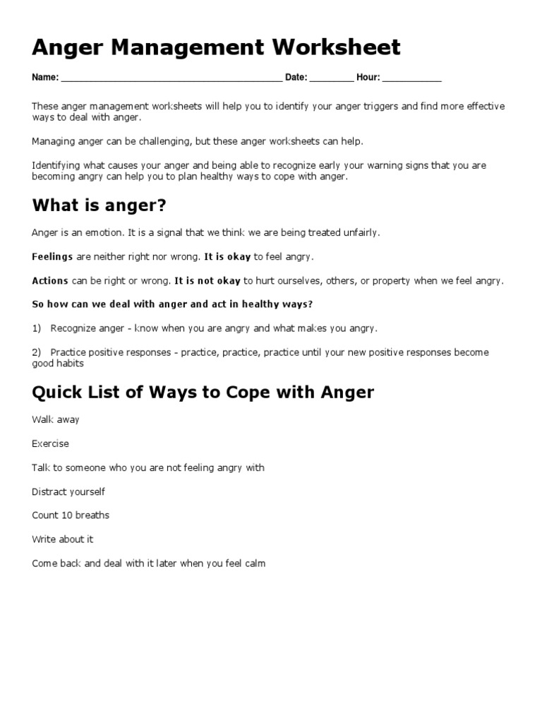 Anger Management Worksheet for Adults | PDF | Anger | Metaphysics Of Mind