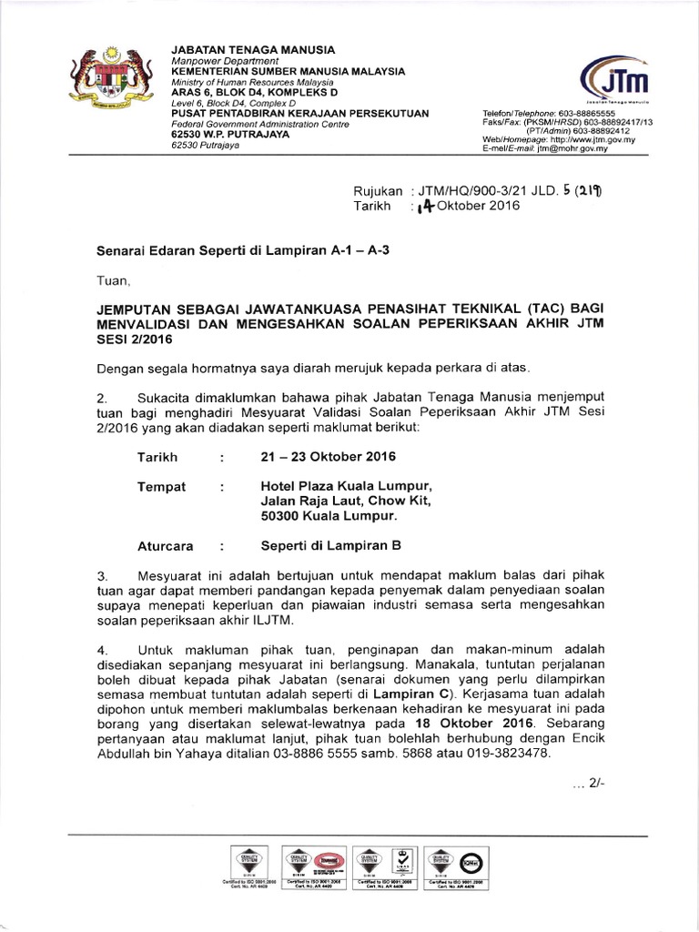 Contoh Surat Jemputan Esyuarat