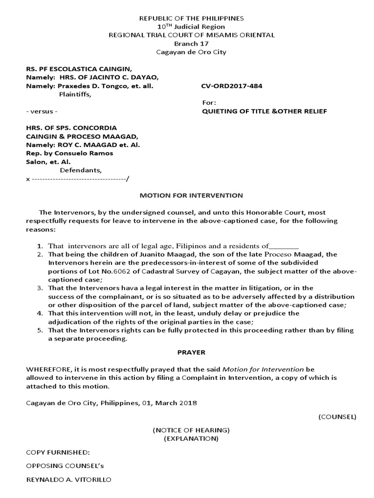 Motion for Intervention in Title Case | PDF | Intervention (Law ...