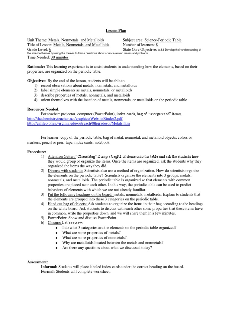 Metals and Nonmetals Lesson Plan | PDF | Periodic Table | Metals