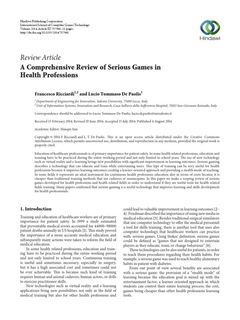 Serious Games in Healthcare PDF | PDF | Simulation | Video Games