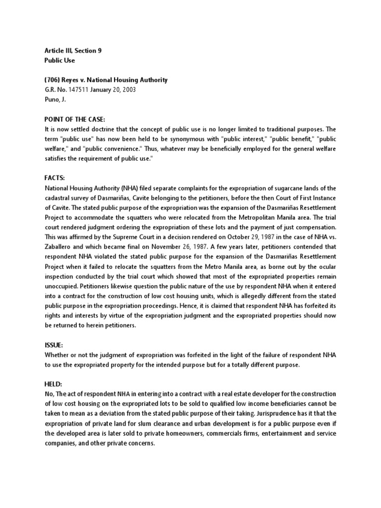 Reyes V NHA Case Digest PDF Eminent Domain Judgment (Law)