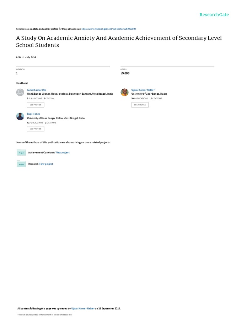 Academic Anxiety and Achievement Study | PDF | P Value | Student's T Test