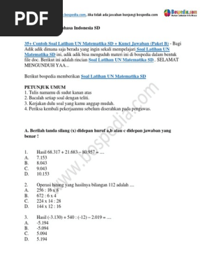 35 Contoh Soal Latihan Un Matematika Sd Kunci Jawaban Paket B