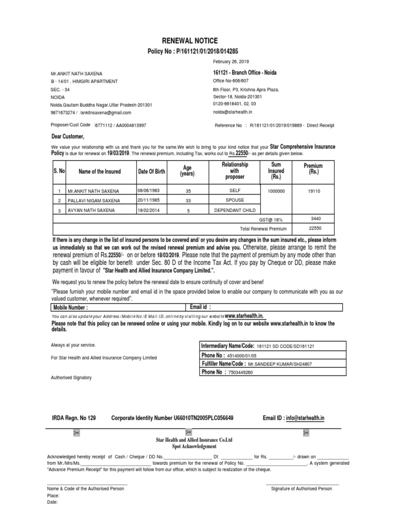Renew Your Star Health Insurance Policy | PDF | Insurance | Cheque