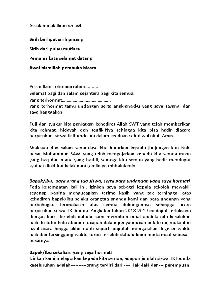 Sambutan Kepala Sekolah Pd Perpisahan Tk Copy