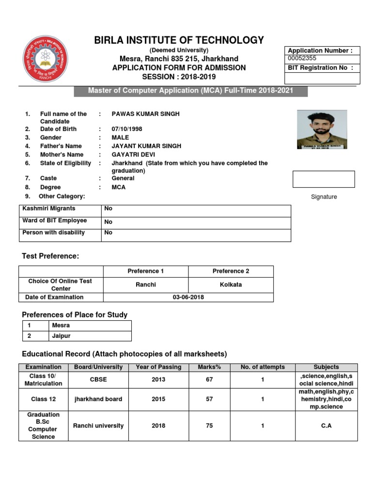 BIT Mesra MCA Admission Application 2018 | PDF | Government Information ...